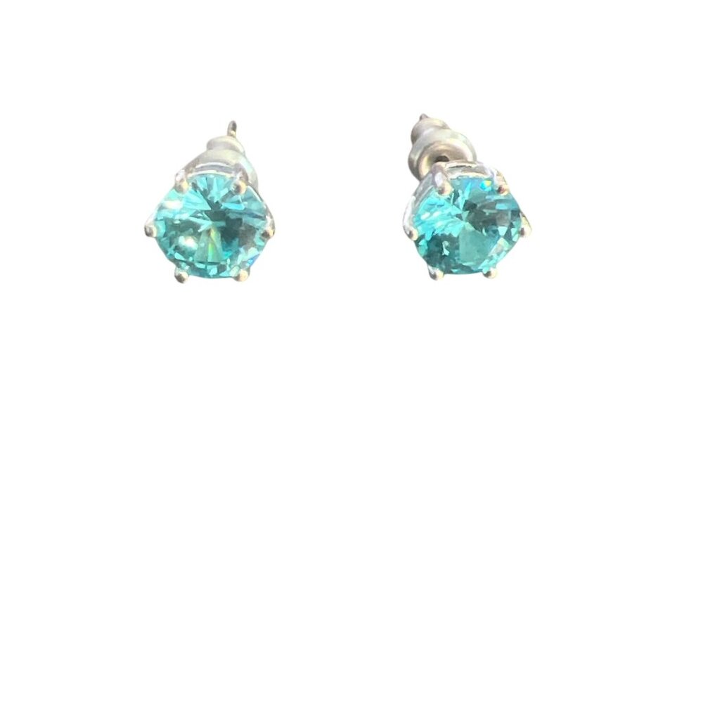 Mint Mongoose Silver Tone Blue Crystal Rhinestone Stud Earrings 6 Prong Setting